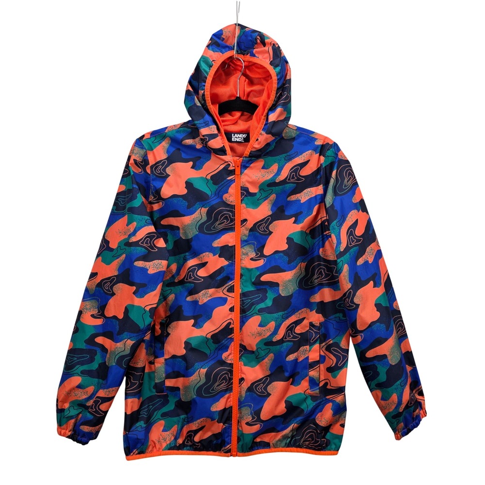 Lands‎ End Boys XL 14-16 Windbreaker Rain Jacket Hooded  Camo Topographic